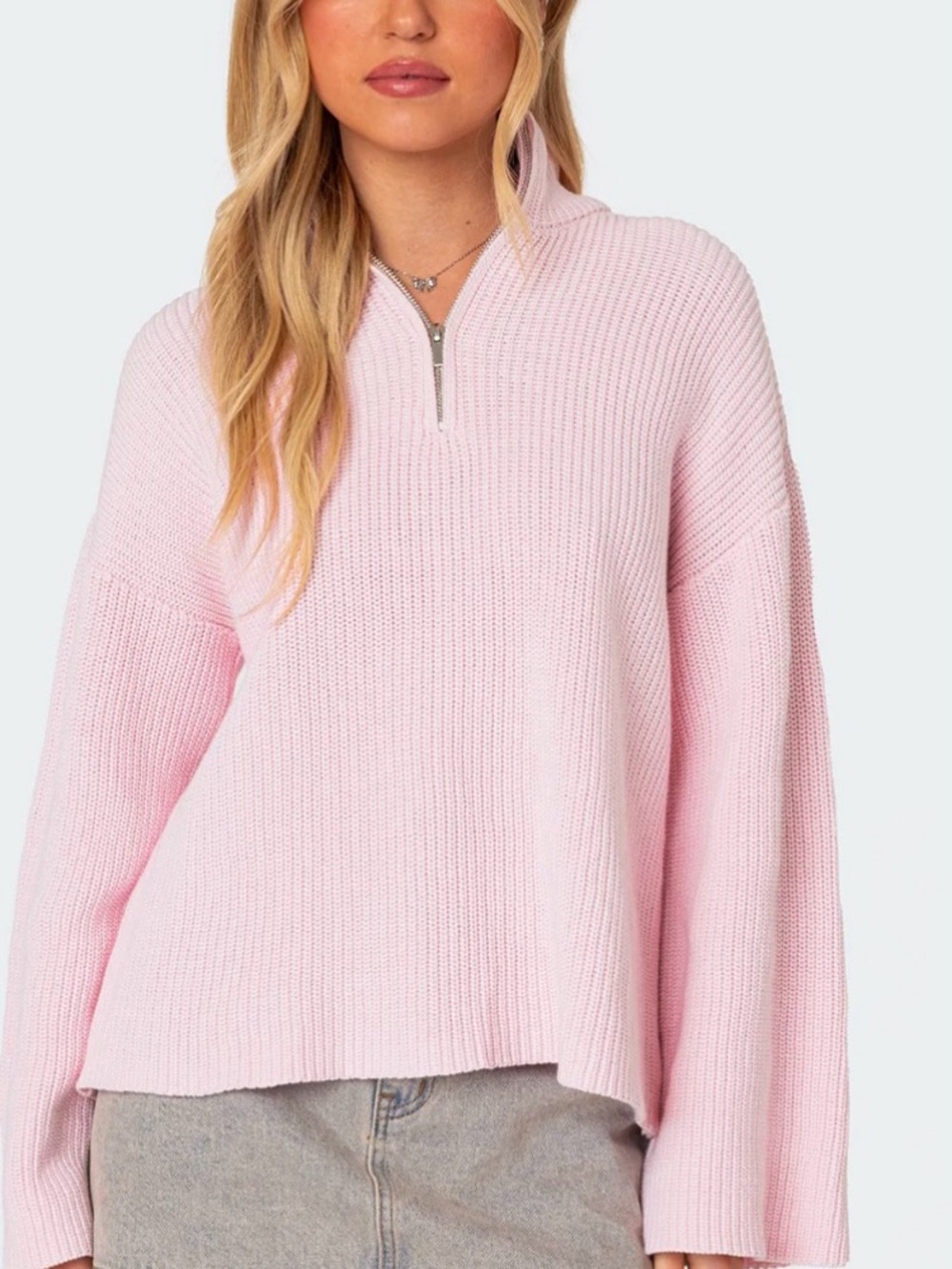 Edikted Pink Zip-Up Knit Sweater